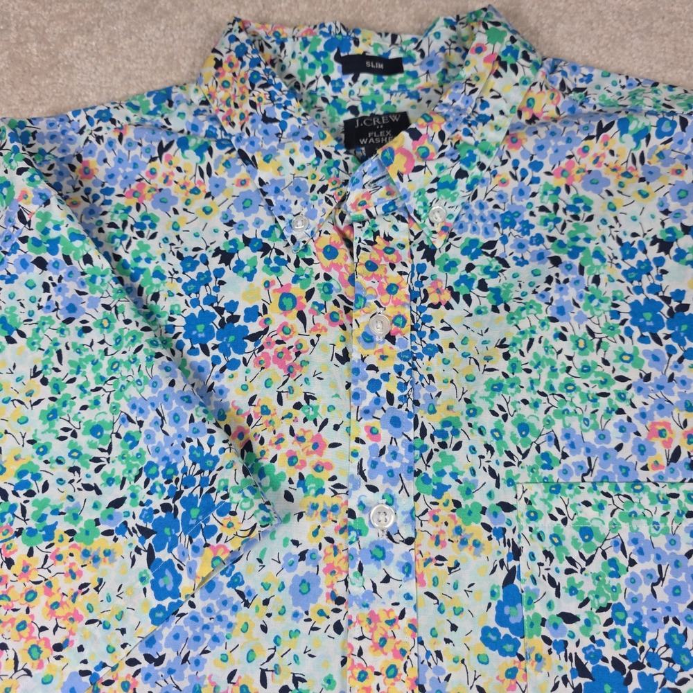 J. Crew Flex Washed Slim‎ Fit Short Sleeve Floral Button Down Shirt Mens XL AOP